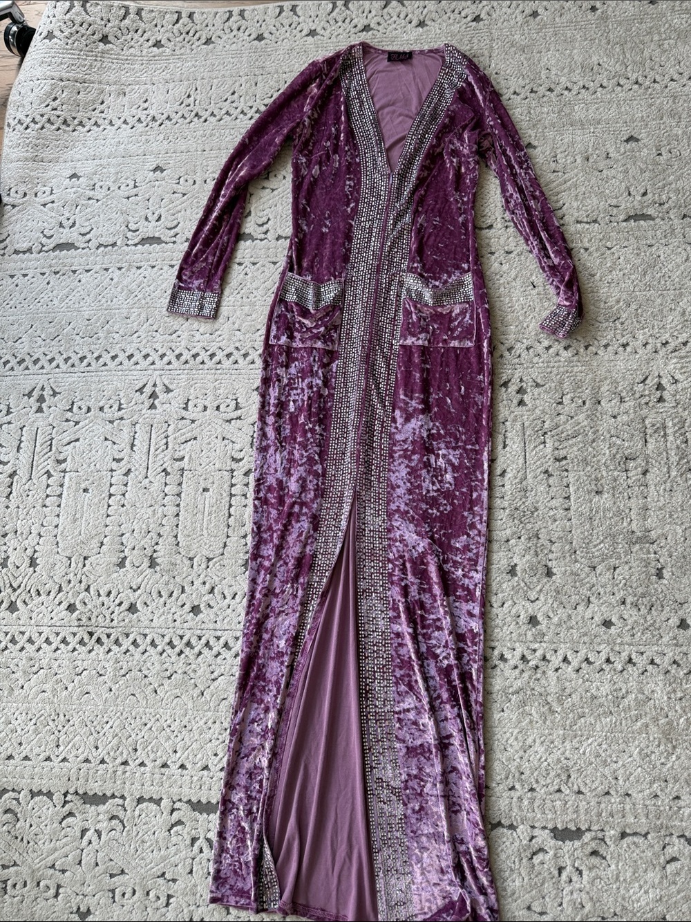 Hot Miami Styles Crushed Velvet Maxi Dress in Mauve with Beaded Trim